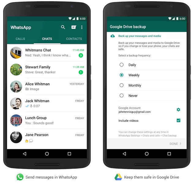 WhatsApp backup di messaggi e foto su Google Drive